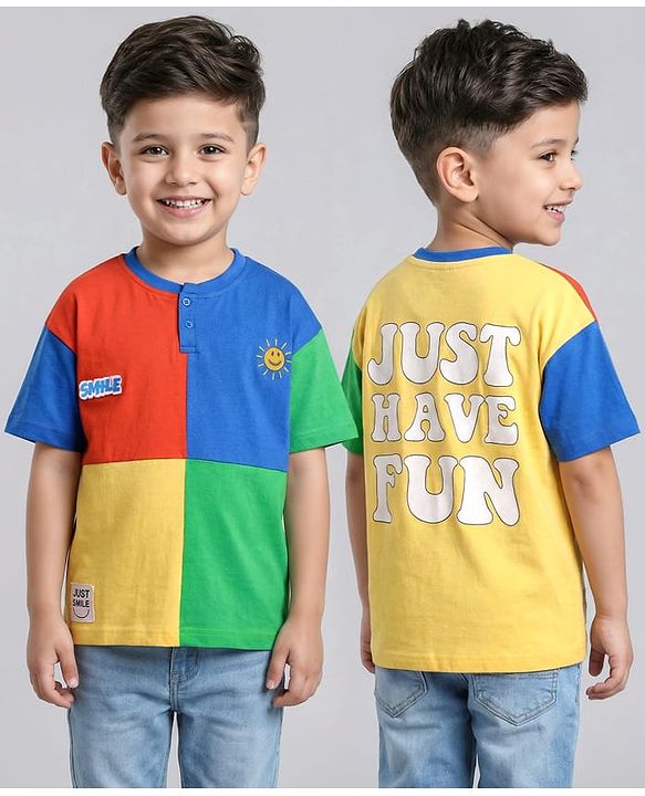 Babyhug Cotton Knit Half Sleeves Oversized Henley Neck Color Block T-Shirt with Back & Front  Print - Yellow & Red