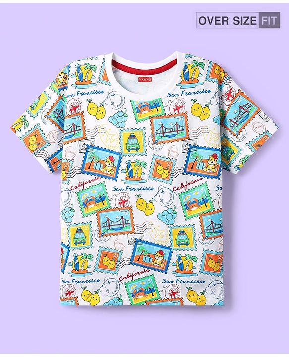 Babyhug Cotton Knit Half Sleeves Oversized T-Shirt with Beach Theme Print - White