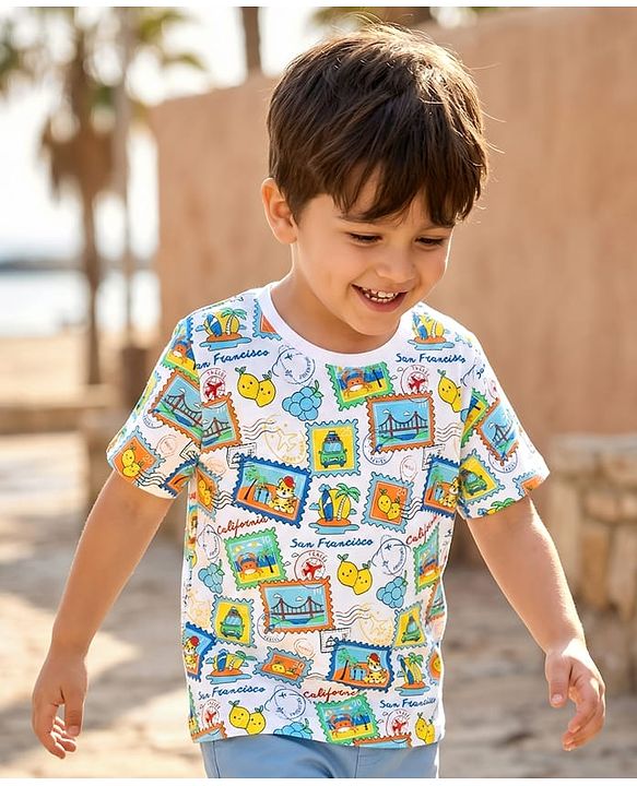 Babyhug Cotton Knit Half Sleeves Oversized T-Shirt with Beach Theme Print - White