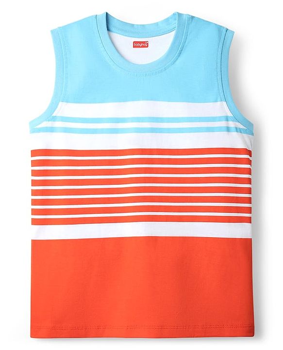 Babyhug Cotton Knit Sleeveless Tank T-Shirts with Beach Theme Print & Stripes Pack of 3 - Yellow White & Red