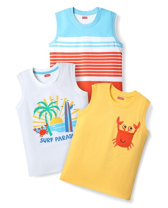 Babyhug Cotton Knit Sleeveless Tank T-Shirts with Beach Theme Print & Stripes Pack of 3 - Yellow White & Red