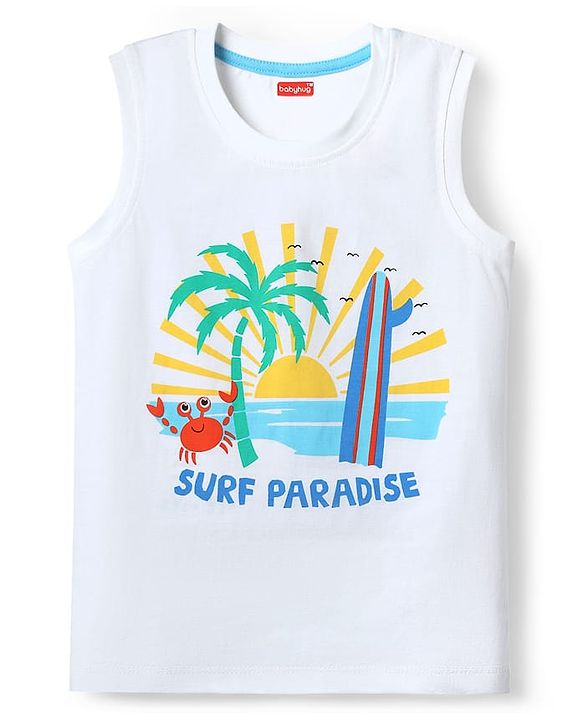 Babyhug Cotton Knit Sleeveless Tank T-Shirts with Beach Theme Print & Stripes Pack of 3 - Yellow White & Red