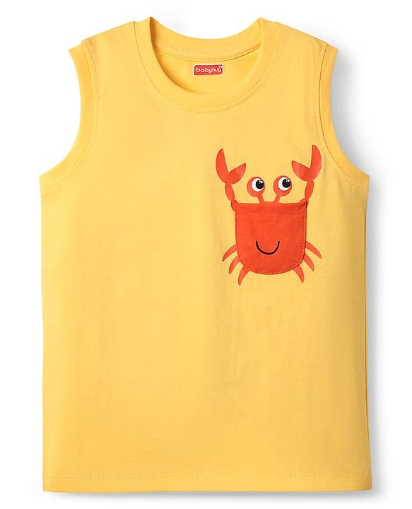 Babyhug Cotton Knit Sleeveless Tank T-Shirts with Beach Theme Print & Stripes Pack of 3 - Yellow White & Red