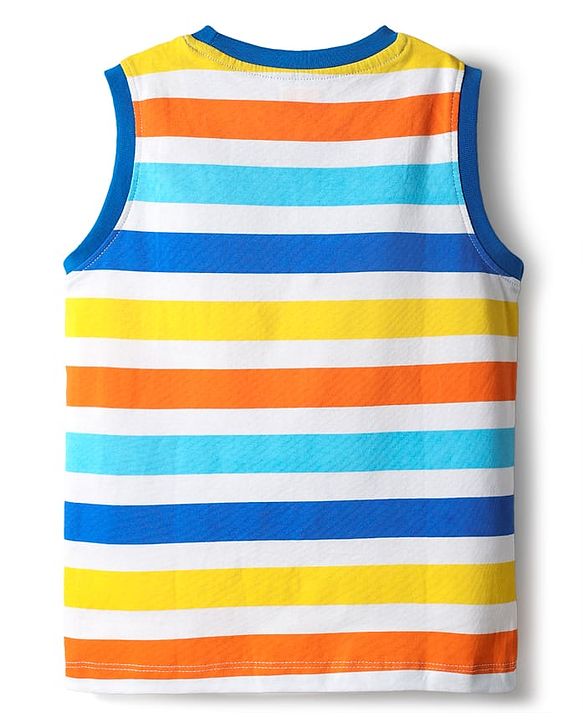 Babyhug Cotton Knit Sleeveless Tank T-Shirts with Mountain Print & Stripes Pack of 3 - Blue