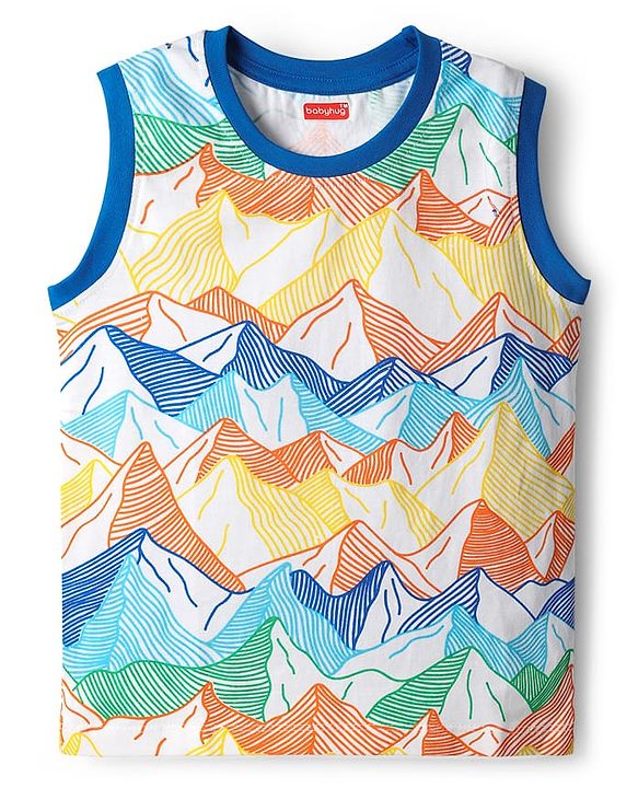 Babyhug Cotton Knit Sleeveless Tank T-Shirts with Mountain Print & Stripes Pack of 3 - Blue