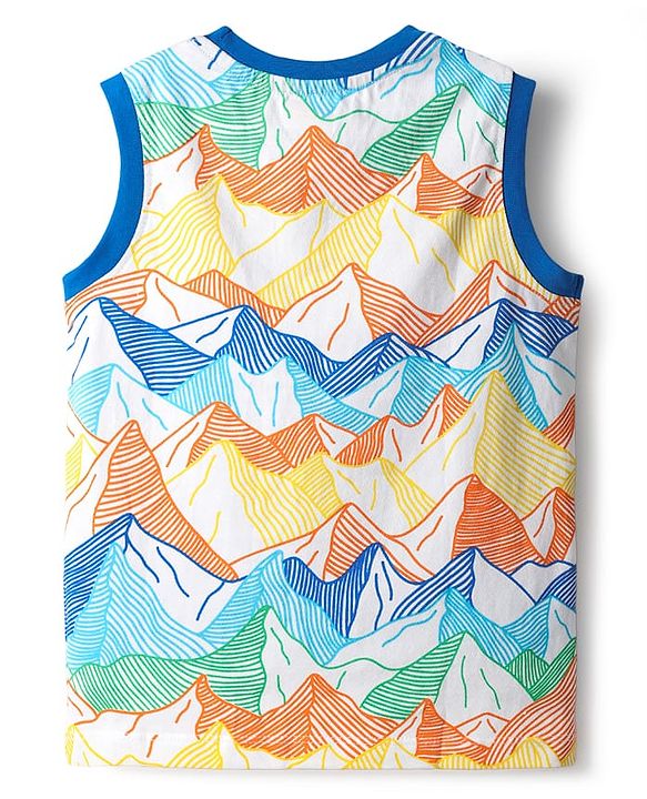 Babyhug Cotton Knit Sleeveless Tank T-Shirts with Mountain Print & Stripes Pack of 3 - Blue