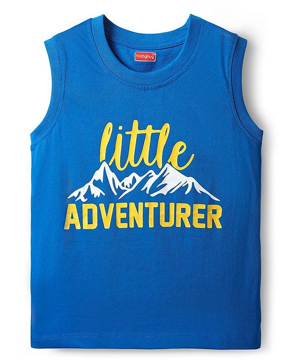 Babyhug Cotton Knit Sleeveless Tank T-Shirts with Mountain Print & Stripes Pack of 3 - Blue