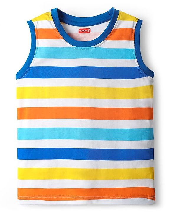 Babyhug Cotton Knit Sleeveless Tank T-Shirts with Mountain Print & Stripes Pack of 3 - Blue