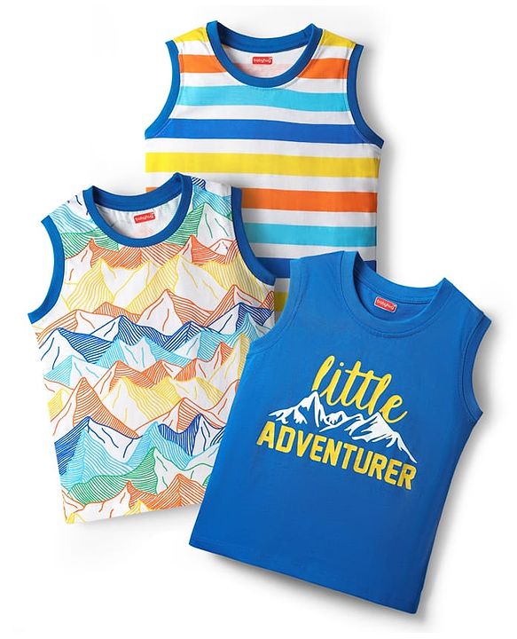 Babyhug Cotton Knit Sleeveless Tank T-Shirts with Mountain Print & Stripes Pack of 3 - Blue