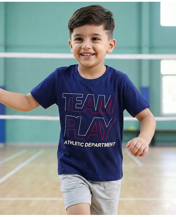 Babyhug Cotton Knit Half Sleeves T-Shirt with Text Print - Navy Blue