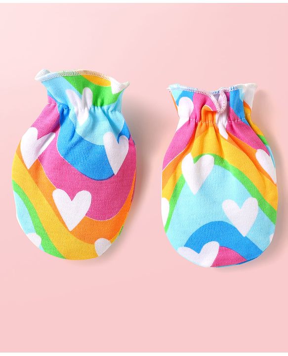 Babyhug 100% Cotton Interlock Knit Cap Mittens & Booties Set with Heart Print & Color Block Design Multicolor - Diameter 14 cm