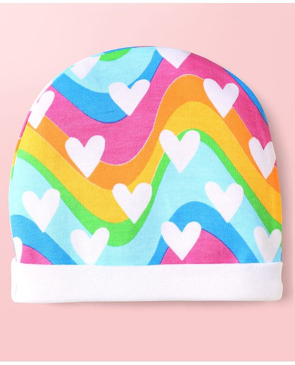 Babyhug 100% Cotton Interlock Knit Cap Mittens & Booties Set with Heart Print & Color Block Design Multicolor - Diameter 14 cm