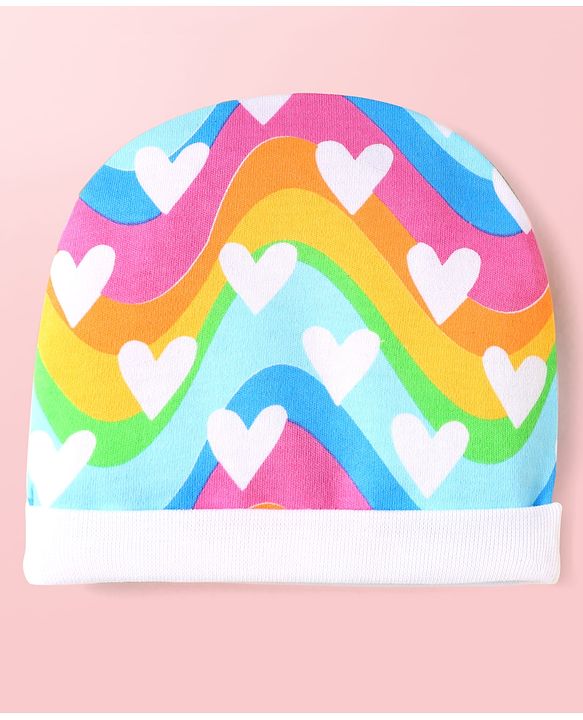Babyhug 100% Cotton Interlock Knit Cap Mittens & Booties Set with Heart Print & Color Block Design Multicolor - Diameter 14 cm