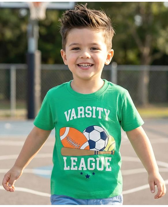 Babyhug Cotton Knit Half Sleeves T-Shirt with Sport Print - Mint
