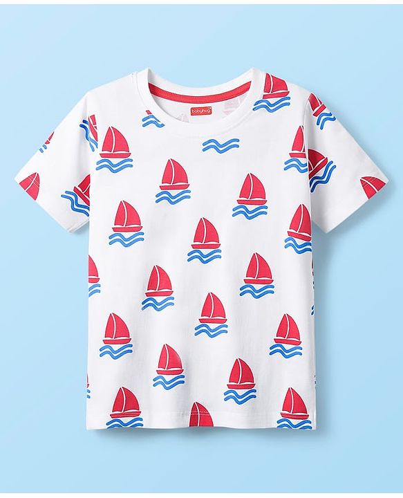 Babyhug Cotton Knit Half Sleeves T-Shirt with Ship Print - Off White