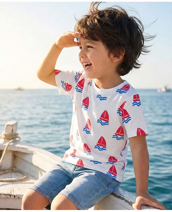 Babyhug Cotton Knit Half Sleeves T-Shirt with Ship Print - Off White