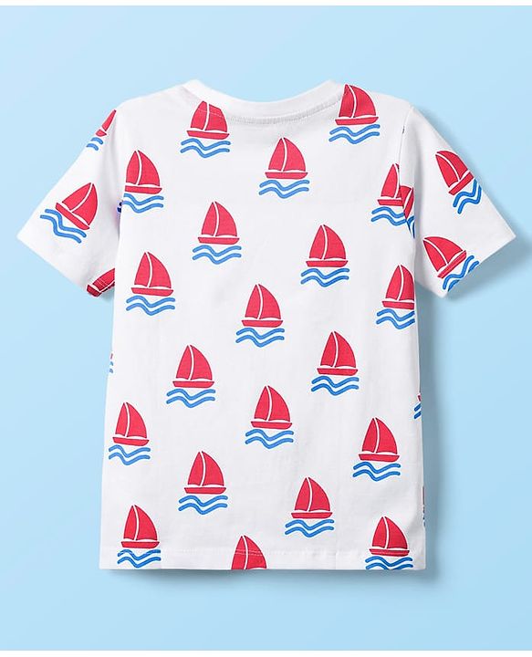 Babyhug Cotton Knit Half Sleeves T-Shirt with Ship Print - Off White