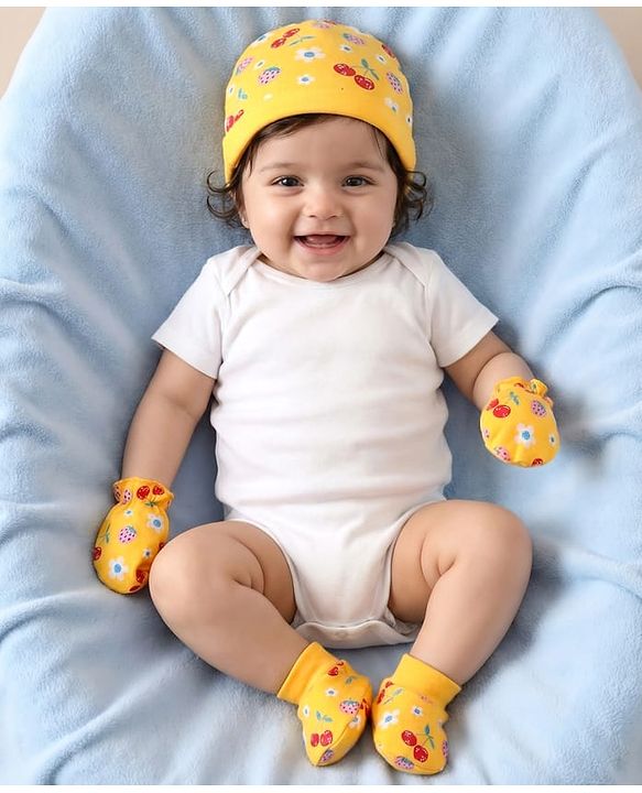 Babyhug 100% Cotton Interlock Knit Cap Mittens & Booties Set with Berries & Floral Print Yellow - Diameter 14 cm
