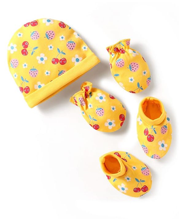 Babyhug 100% Cotton Interlock Knit Cap Mittens & Booties Set with Berries & Floral Print Yellow - Diameter 14 cm