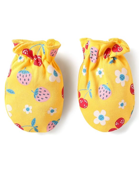 Babyhug 100% Cotton Interlock Knit Cap Mittens & Booties Set with Berries & Floral Print Yellow - Diameter 14 cm