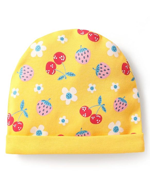 Babyhug 100% Cotton Interlock Knit Cap Mittens & Booties Set with Berries & Floral Print Yellow - Diameter 14 cm
