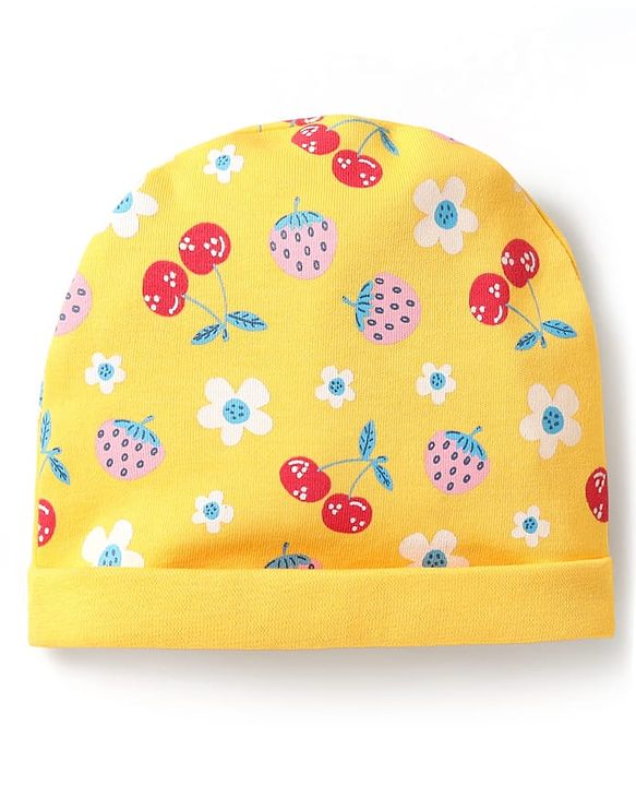Babyhug 100% Cotton Interlock Knit Cap Mittens & Booties Set with Berries & Floral Print Yellow - Diameter 14 cm