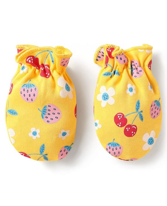 Babyhug 100% Cotton Interlock Knit Cap Mittens & Booties Set with Berries & Floral Print Yellow - Diameter 14 cm