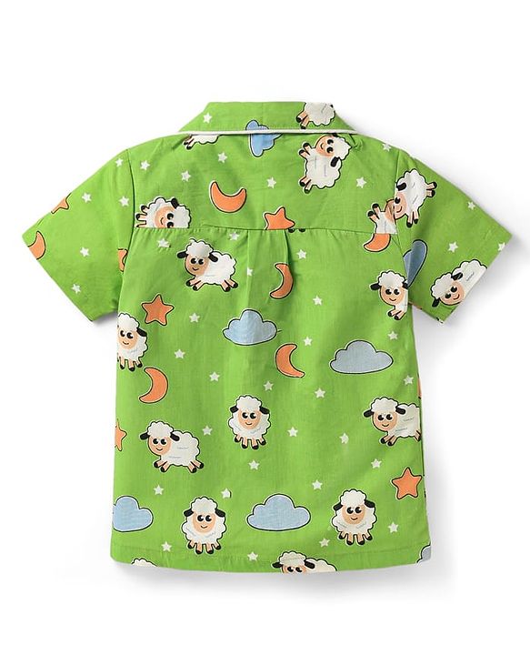 Babyhug Poplin Woven Half Sleeves Front Open Co-ords Night Suit with Ship Print - Light Green