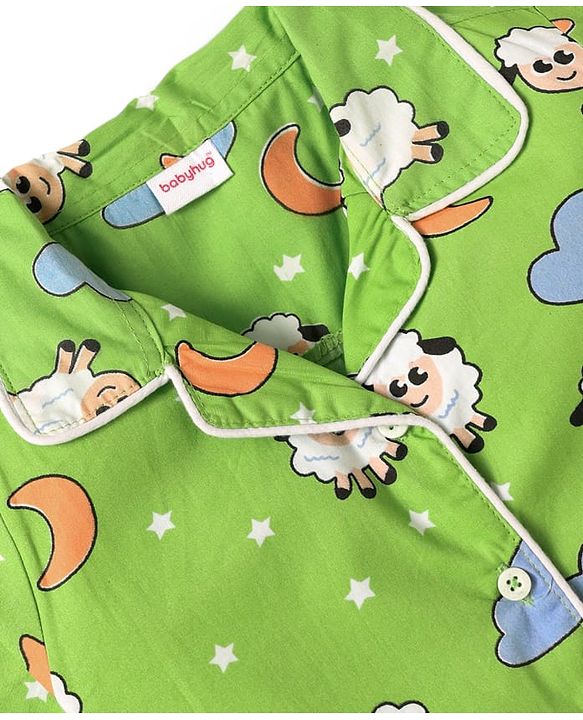 Babyhug Poplin Woven Half Sleeves Front Open Co-ords Night Suit with Ship Print - Light Green