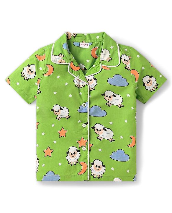 Babyhug Poplin Woven Half Sleeves Front Open Co-ords Night Suit with Ship Print - Light Green