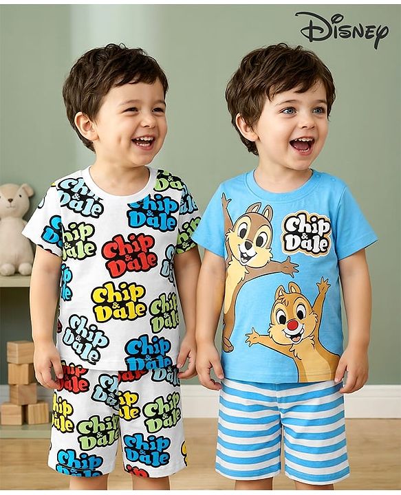Babyhug Disney Single Jersey Knit Half Sleeves Shorts Night Suit with Chip & Dale Print Pack of 2 - Light Blue & White