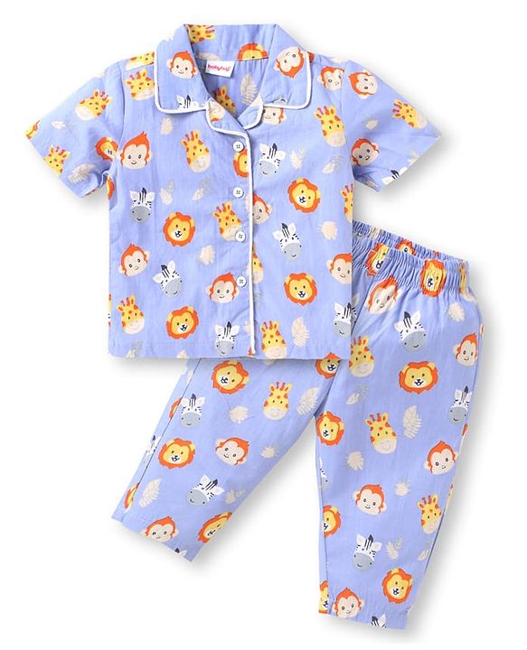 Babyhug Poplin  Woven Half Sleeves Nightsuit With Animal Print - Light Blue