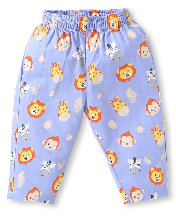 Babyhug Poplin  Woven Half Sleeves Nightsuit With Animal Print - Light Blue