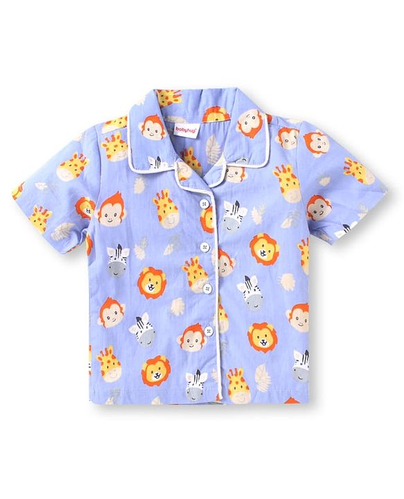 Babyhug Poplin  Woven Half Sleeves Nightsuit With Animal Print - Light Blue
