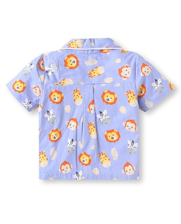Babyhug Poplin  Woven Half Sleeves Nightsuit With Animal Print - Light Blue