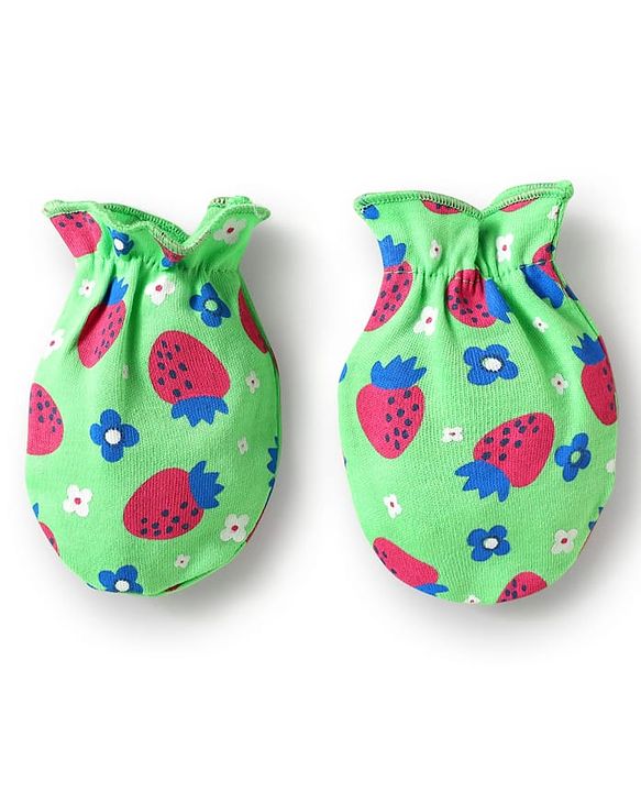 Babyhug 100% Cotton Cap Mittens & Booties Set With Floral & Tropical Theme Print Green - Diameter 14 cm