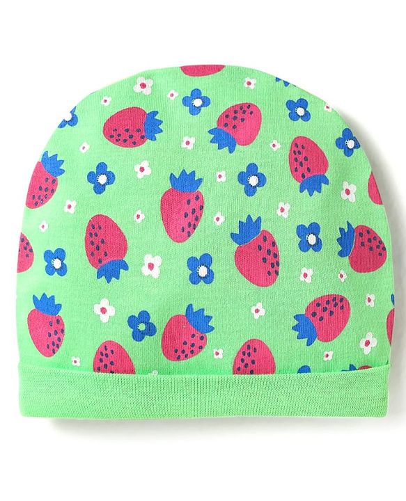Babyhug 100% Cotton Cap Mittens & Booties Set With Floral & Tropical Theme Print Green - Diameter 14 cm