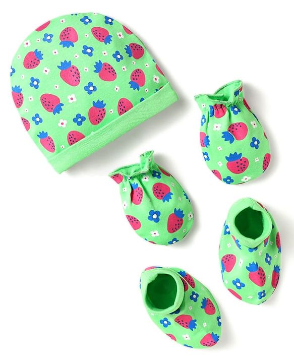 Babyhug 100% Cotton Cap Mittens & Booties Set With Floral & Tropical Theme Print Green - Diameter 14 cm