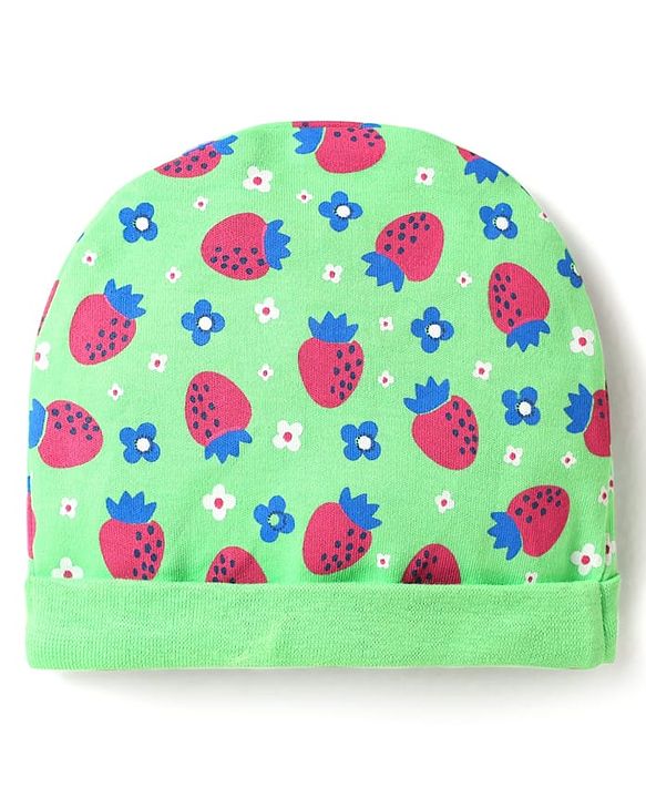 Babyhug 100% Cotton Cap Mittens & Booties Set With Floral & Tropical Theme Print Green - Diameter 14 cm