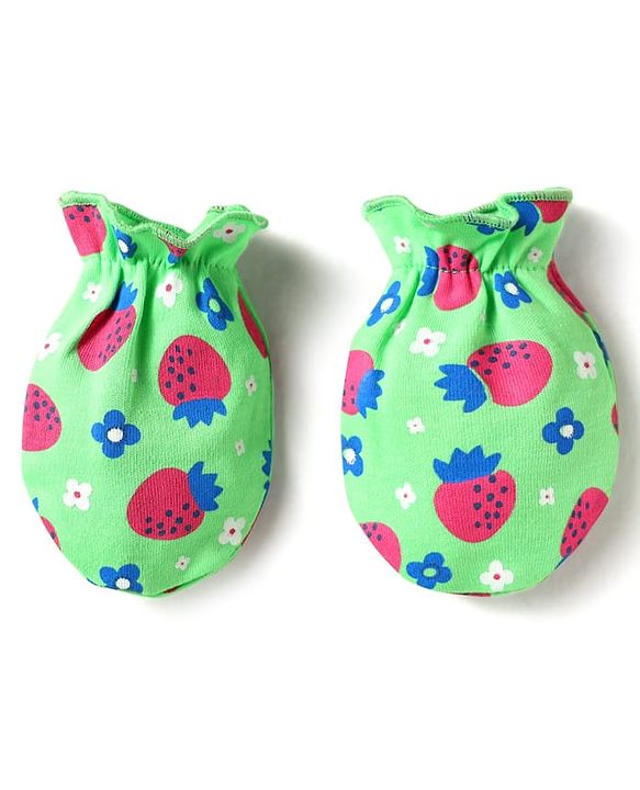 Babyhug 100% Cotton Cap Mittens & Booties Set With Floral & Tropical Theme Print Green - Diameter 14 cm