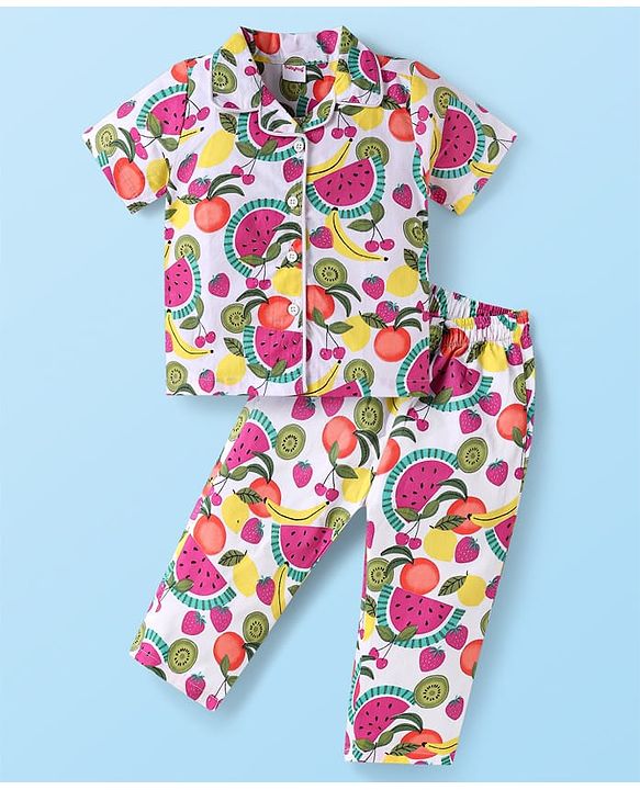 Babyhug Poplin Woven Half Sleeves Night Suit With Tropical Print - White & Pink