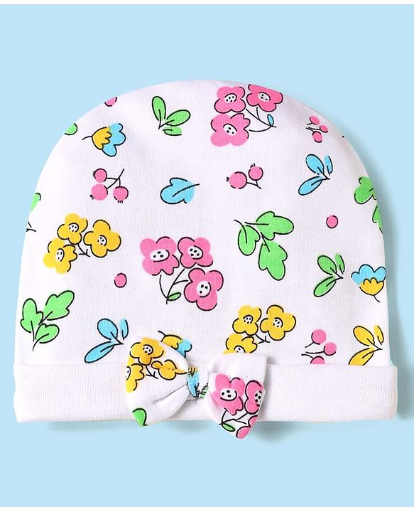 Babyhug 100% Cotton Interlock Knit Cap Mittens & Booties Set With Floral Print White - Diameter 16 cm