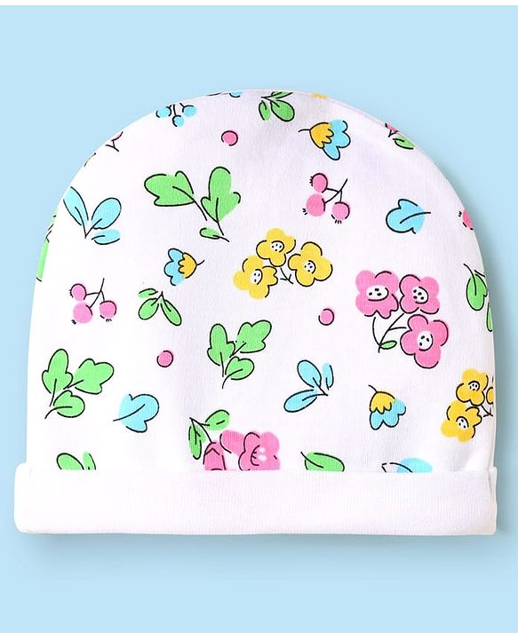 Babyhug 100% Cotton Interlock Knit Cap Mittens & Booties Set With Floral Print White - Diameter 16 cm
