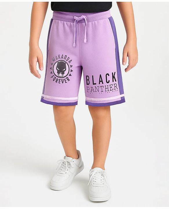 Pine Kids Marvel Terry Knit Knee Length Cut & Sew Shorts With Avengers Black Panther Graphics & Badge Detailing - Plum