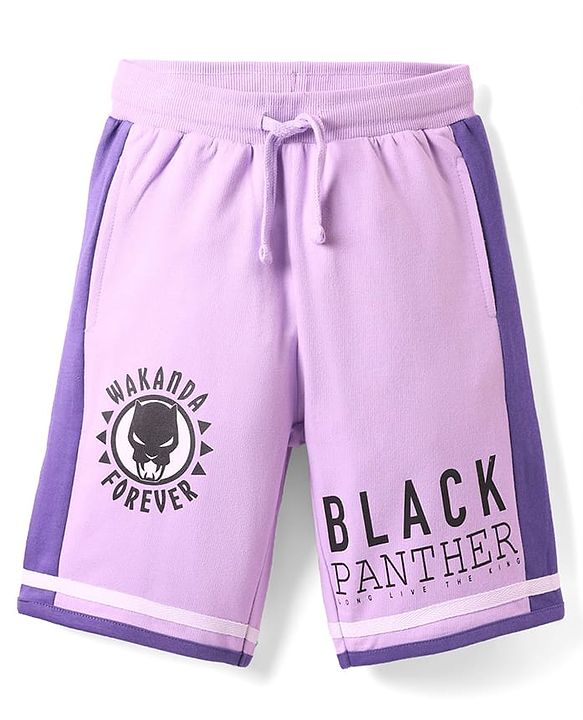 Pine Kids Marvel Terry Knit Knee Length Cut & Sew Shorts With Avengers Black Panther Graphics & Badge Detailing - Plum