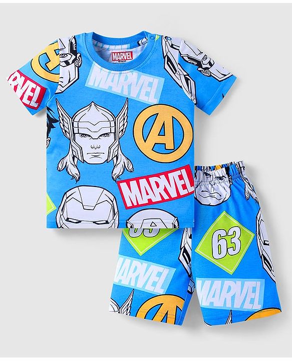 Babyhug Marvel Single Jersey Knit Half Sleeves Co-ords Shorts Night Suit with Avengers Graphics - Blue