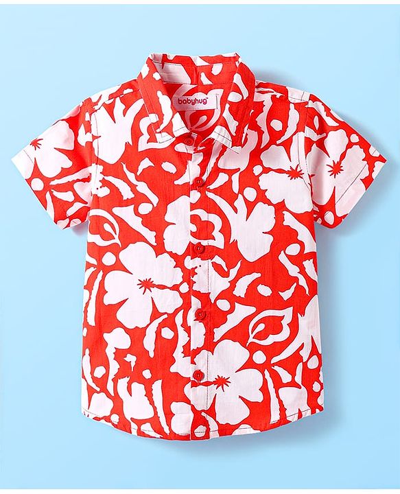 Babyhug Cotton Woven Half Sleeves Shirt With Floral Print - Red