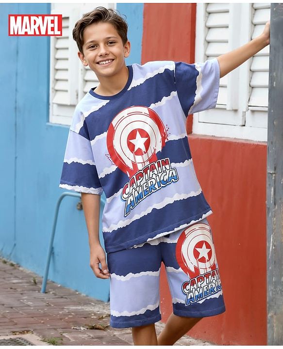 Pine Kids Marvel Single Jersey Knit Half Drop Shoulder Sleeves Oversized T-Shirt & Shorts Set With Captain America Graphics - Blue