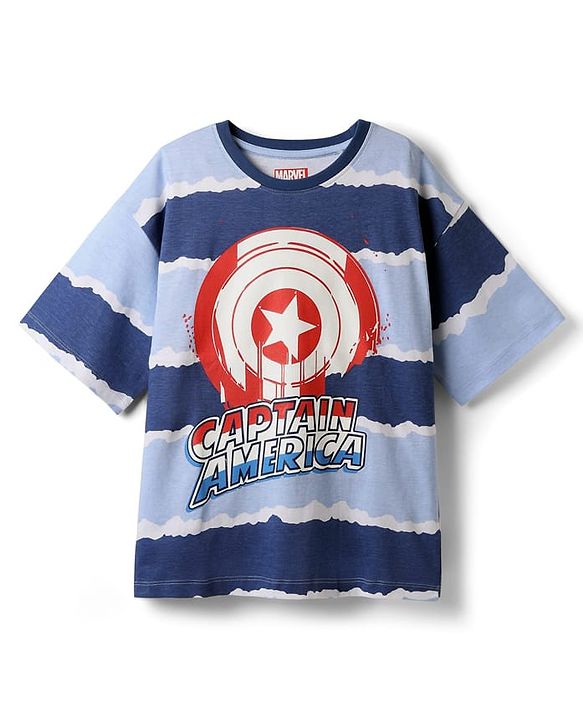 Pine Kids Marvel Single Jersey Knit Half Drop Shoulder Sleeves Oversized T-Shirt & Shorts Set With Captain America Graphics - Blue