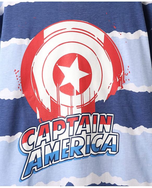 Pine Kids Marvel Single Jersey Knit Half Drop Shoulder Sleeves Oversized T-Shirt & Shorts Set With Captain America Graphics - Blue